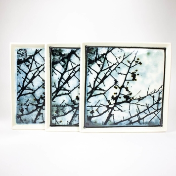Square Plate, Porcelain, Mono Print - 'Whitethorn' - White