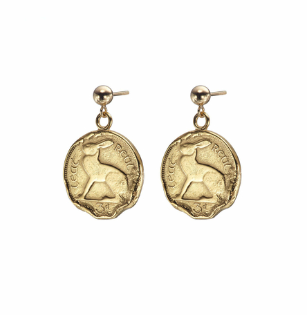 Gold Plated Hare 3 Pence Coin Earrings